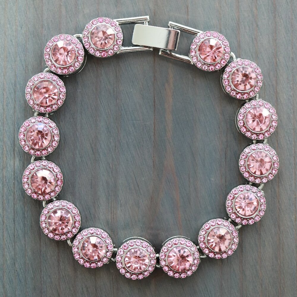 12mm 8inches Pink Round Halo Diamond Chain Pink Rhinestones Silver Plated